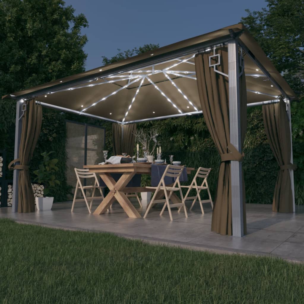 Gazebo with Curtain&LED String Lights 4x3 m Taupe Aluminium - Direct Imports