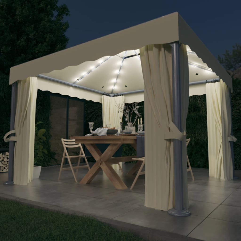 Gazebo with Curtain&LED String Lights 3x3 m Cream White - Unbeatable Bargains