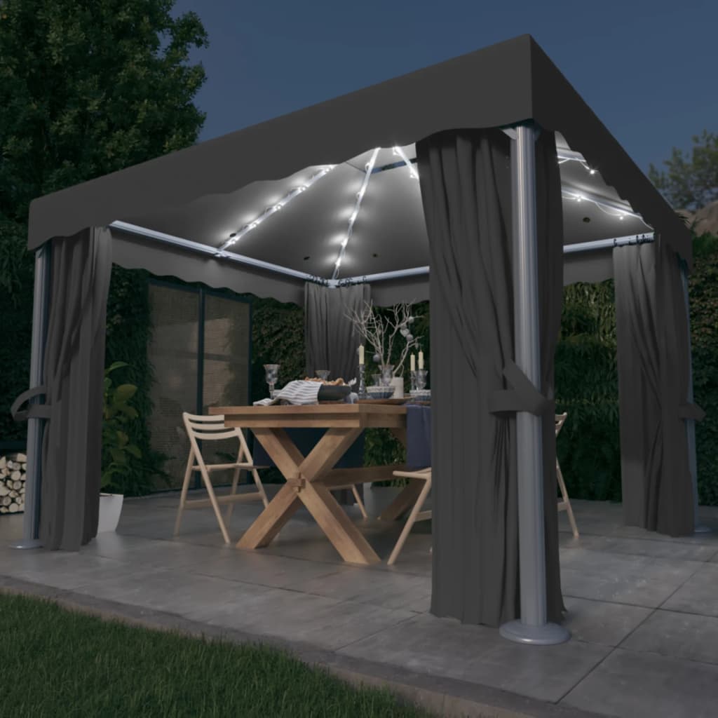 Gazebo with Curtain&LED String Lights 3x3 m Anthracite - Merlin Deals