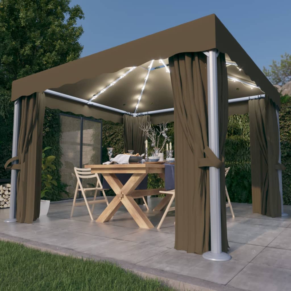 Gazebo with Curtain&LED String Lights 3x3 m Taupe - Casper Homes