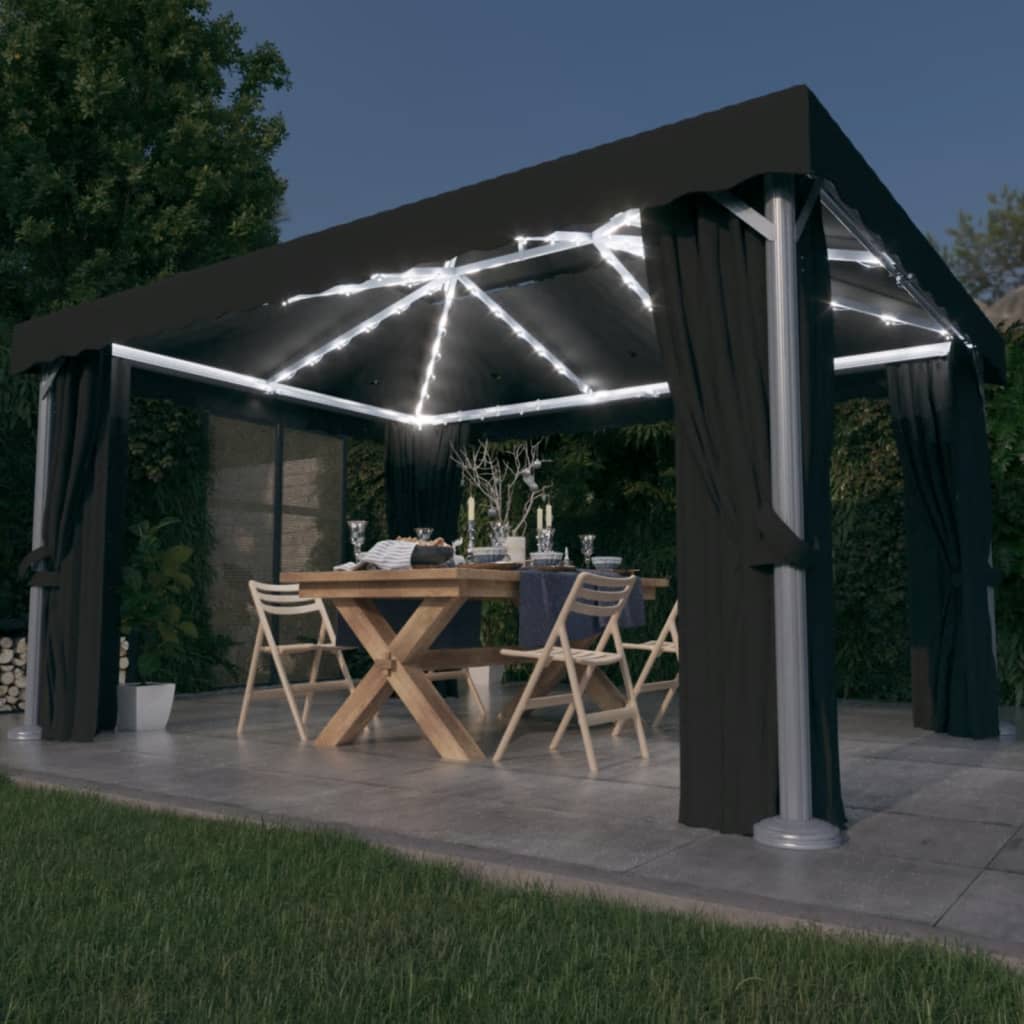 Gazebo with Curtain&LED String Lights 4x3 m Anthracite - Casper Homes