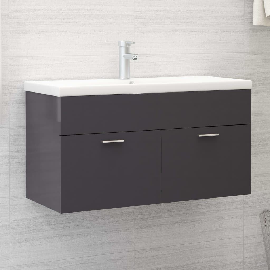 Sink Cabinet with Built-in Basin High Gloss Grey Engineered Wood - Casper Homes