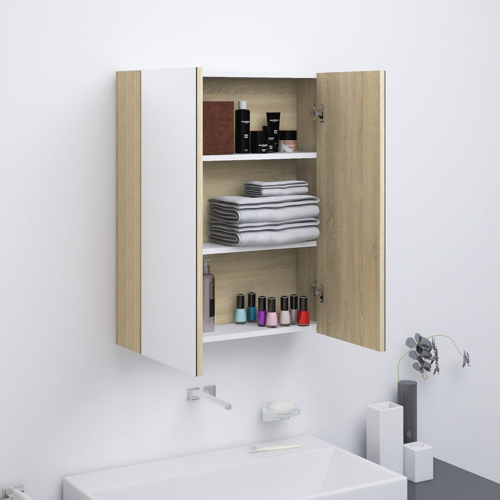 Bathroom Mirror Cabinet 60x15x75 cm MDF White and Oak - R and M Furniture