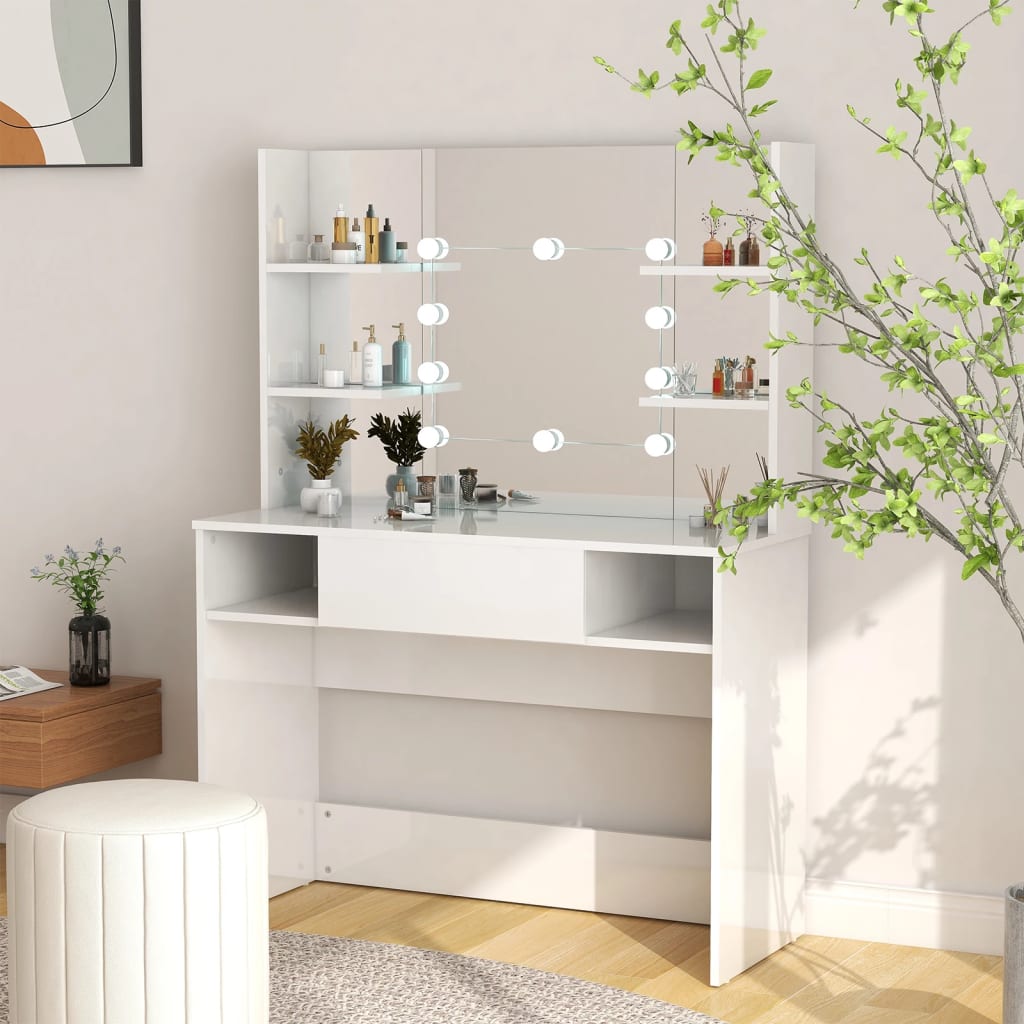 Makeup Table with LED Lights 100x40x135 cm MDF Shining White - All Things Good