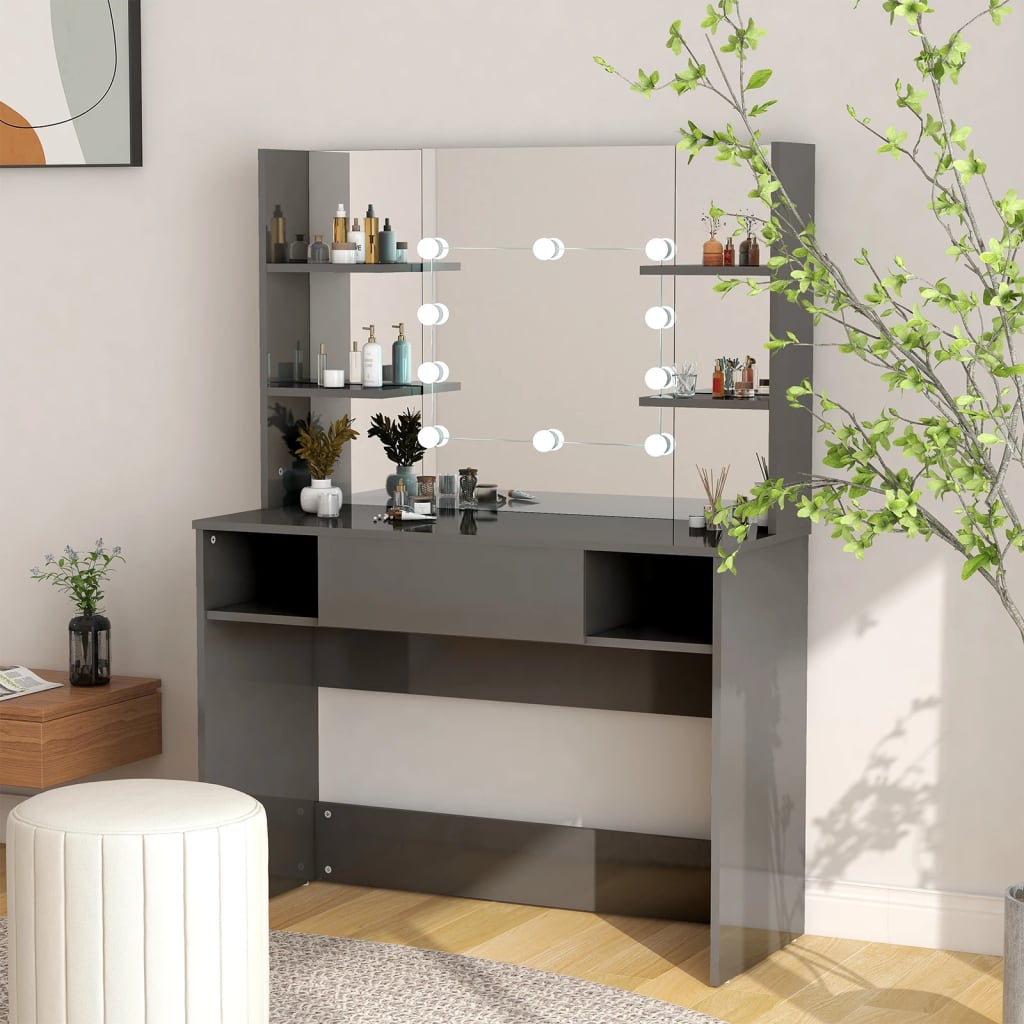 Makeup Table with LED Lights 100x40x135 cm MDF Shining Grey - The Home Maker