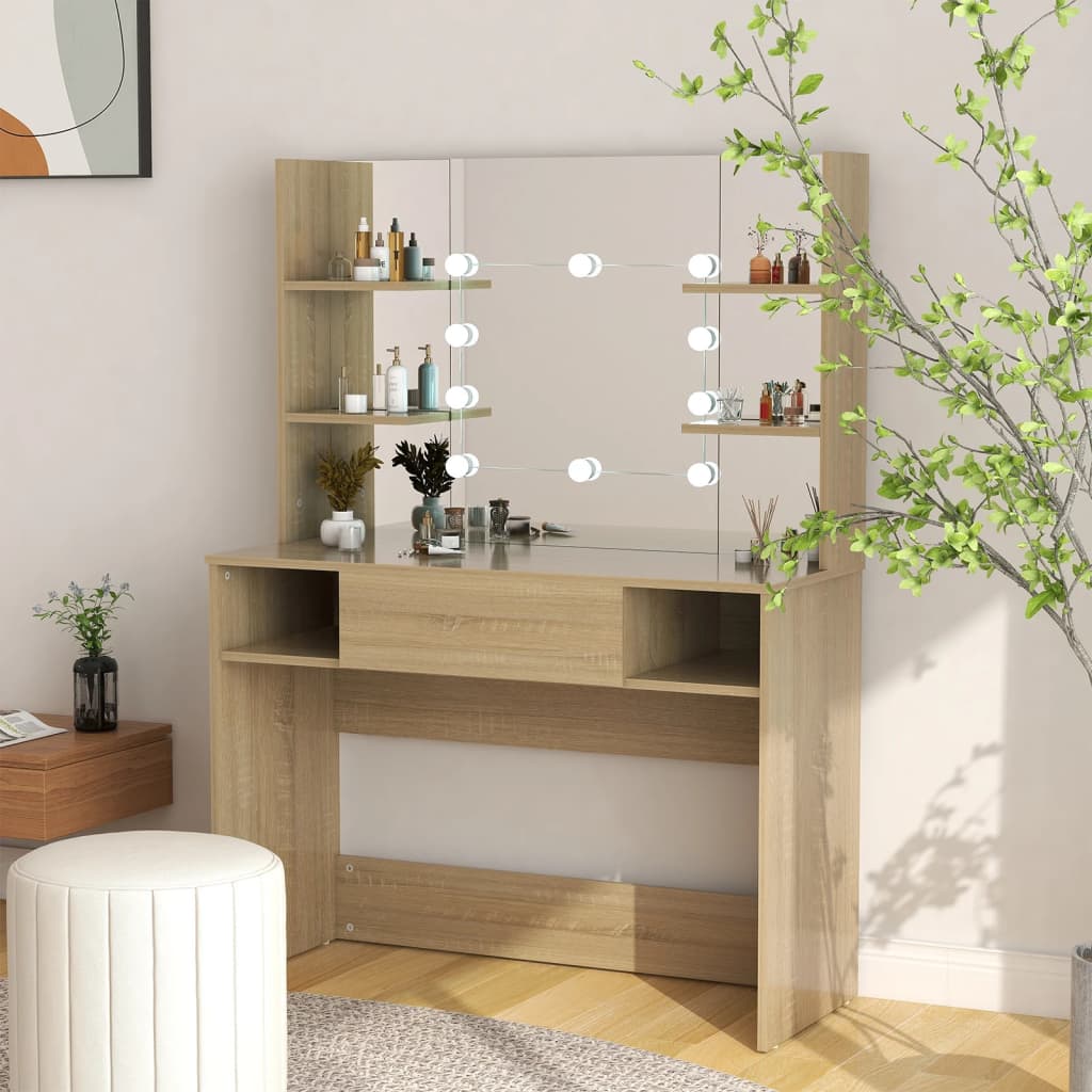 Makeup Table with LED Lights 100x40x135 cm MDF Oak - Millennium Furniture