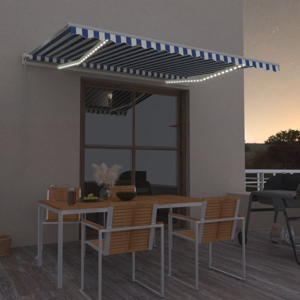 Manual Retractable Awning with LED 400x300 cm Blue and White - Sid & Sam