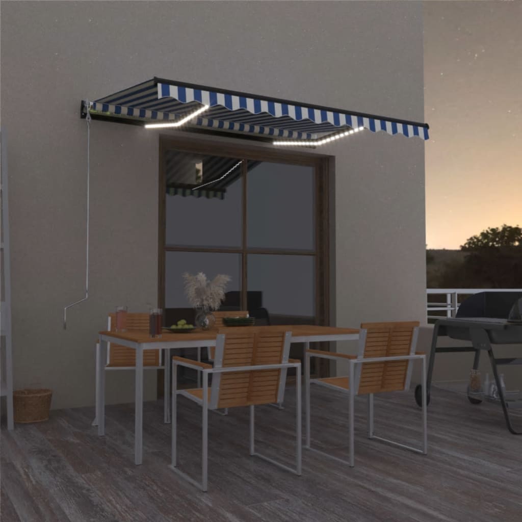 Manual Retractable Awning with LED 350x250 cm Blue and White - Tyrell & Tyrell