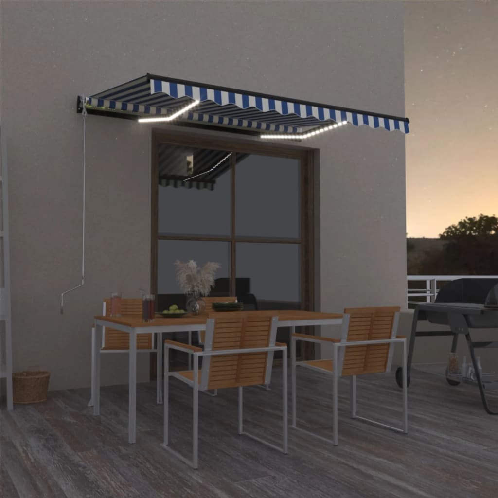 Manual Retractable Awning with LED 400x300 cm Blue and White - Design Hut