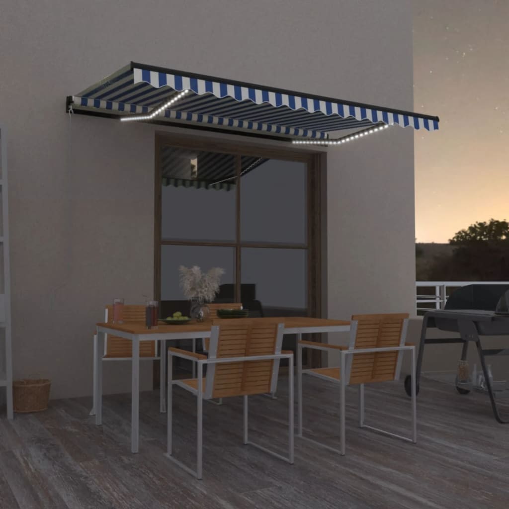 Manual Retractable Awning with LED 450x300 cm Blue and White - All Things Good