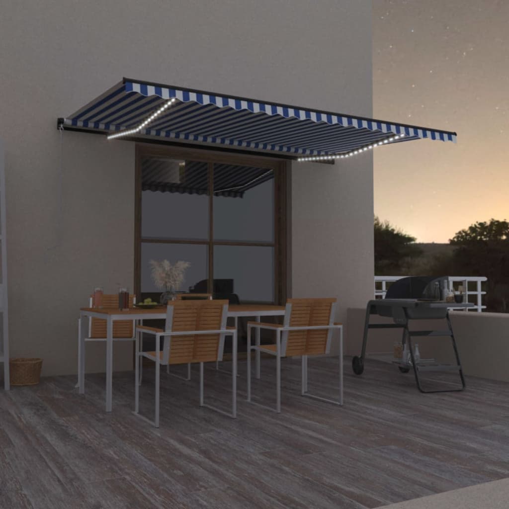 Manual Retractable Awning with LED 500x300 cm Blue and White - Style and Chic