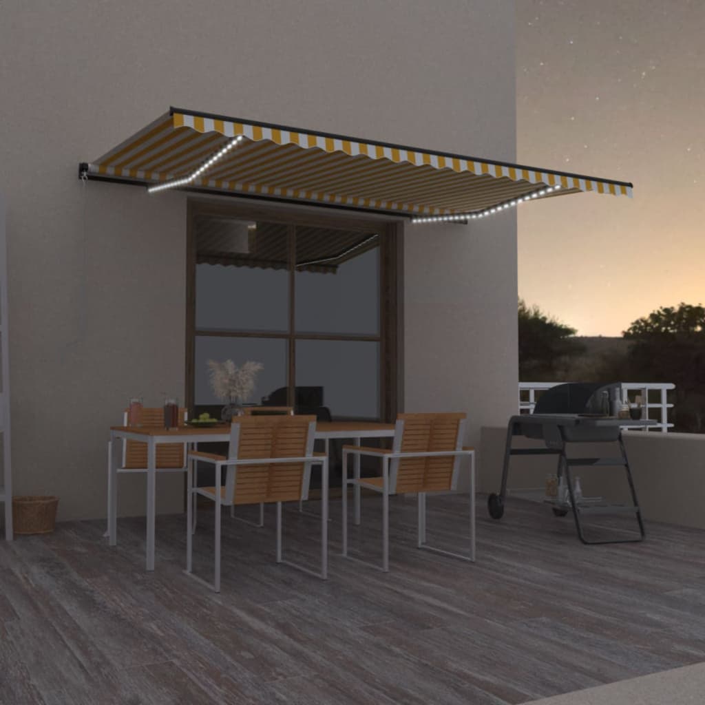 Manual Retractable Awning with LED 500x300 cm Yellow and White - Discount Dealers