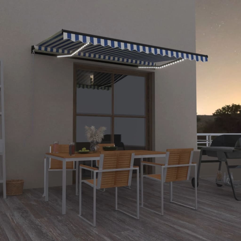 Manual Retractable Awning with LED 400x350 cm Blue and White - Discount Dealers