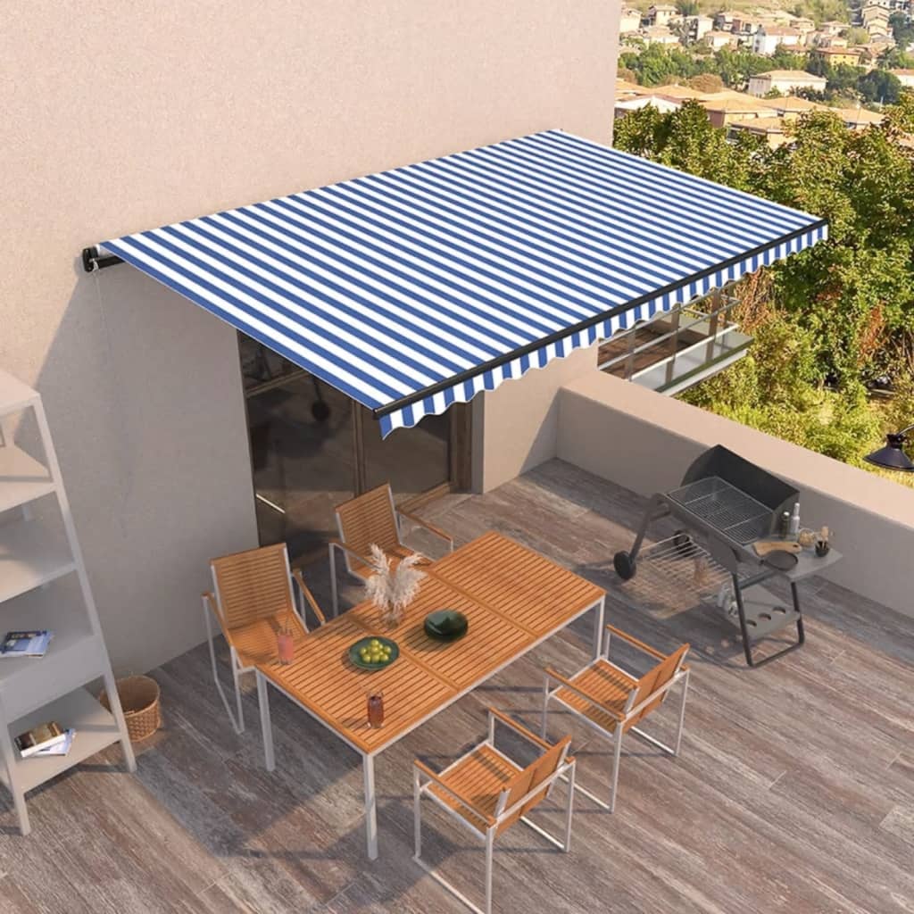 Manual Retractable Awning 500x350 cm Blue and White - Tyrell & Tyrell