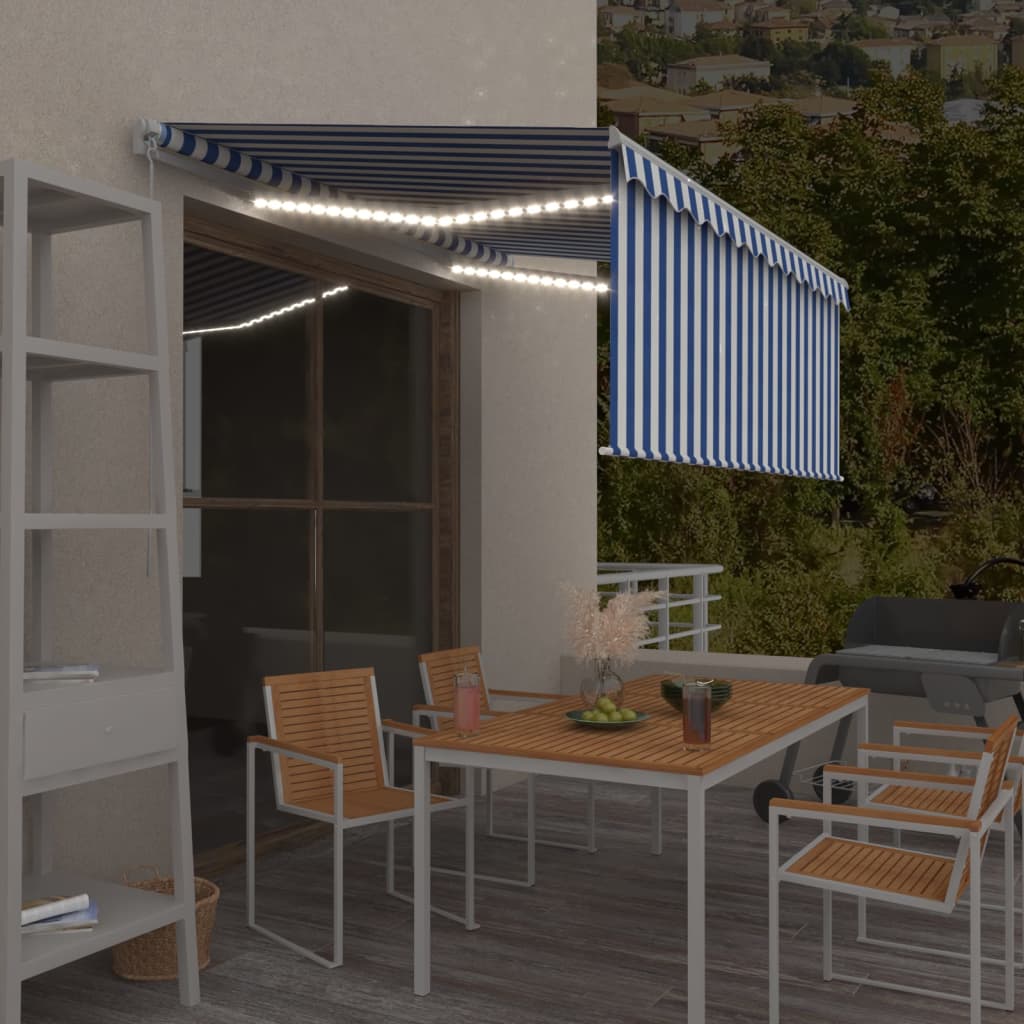 Manual Retractable Awning with Blind&LED 3x2.5m Blue&White - The Home Maker