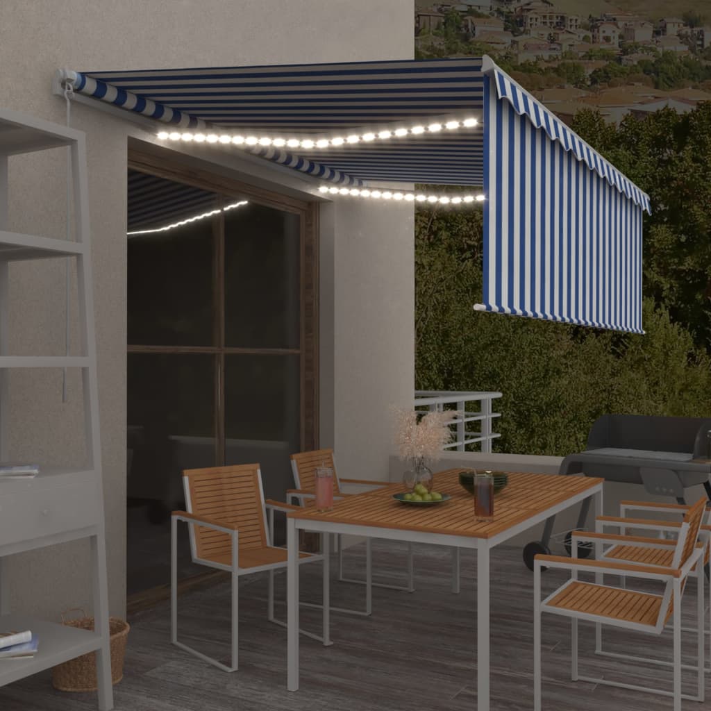 Manual Retractable Awning with Blind&LED 4x3m Blue&White - Millennium Furniture