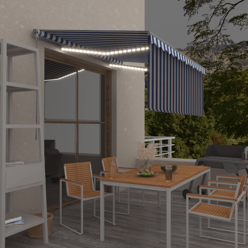 Manual Retractable Awning with Blind&LED 3x2.5m Blue&White - Direct Imports