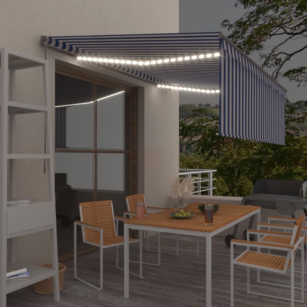 Manual Retractable Awning with Blind&LED 4.5x3m Blue&White - Brittle & Co