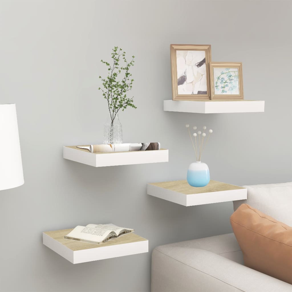 Floating Wall Shelves 4 pcs Oak and White 23x23.5x3.8 cm MDF - R and M Furniture
