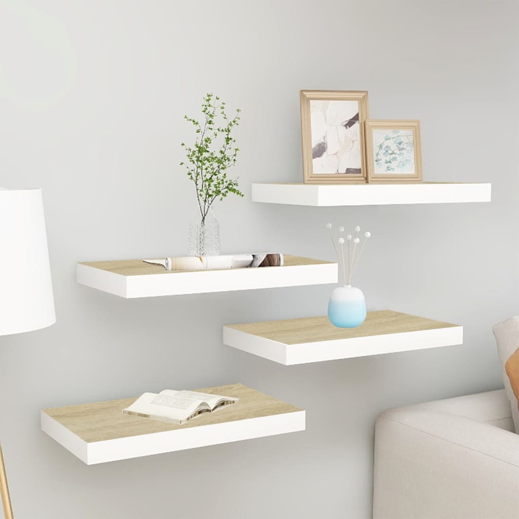 Floating Wall Shelves 4 pcs Oak and White 40x23x3.8 cm MDF - Decor Base