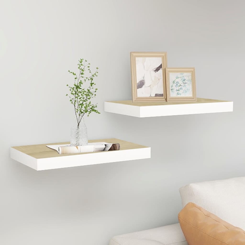 Floating Wall Shelves 2 pcs Oak and White 50x23x3.8 cm MDF - All Things Good