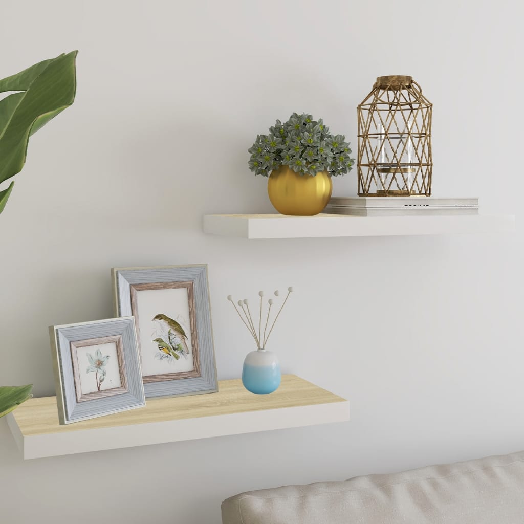 Floating Wall Shelves 2 pcs Oak and White 60x23.5x3.8 cm MDF - Design Hut