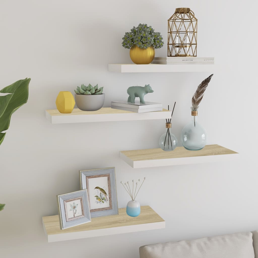 Floating Wall Shelves 4 pcs Oak and White 60x23.5x3.8 cm MDF - Merkel Designers