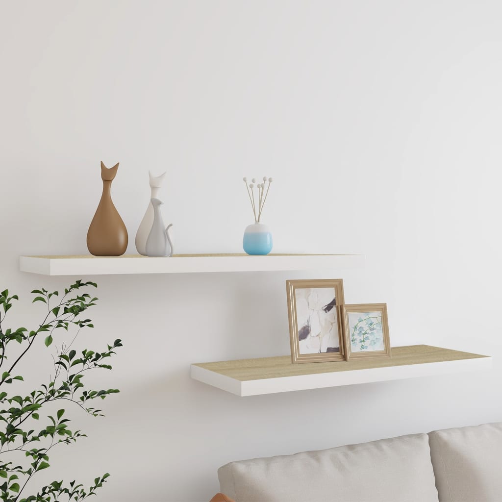 Floating Wall Shelves 2 pcs Oak and White 80x23.5x3.8 cm MDF - Design Hut