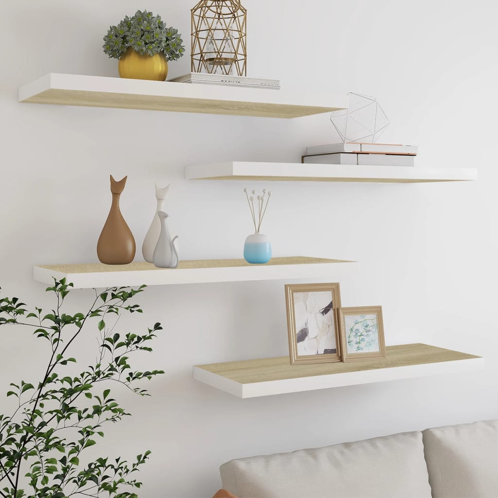 Floating Wall Shelves 4 pcs Oak and White 80x23.5x3.8 cm MDF - Millennium Furniture