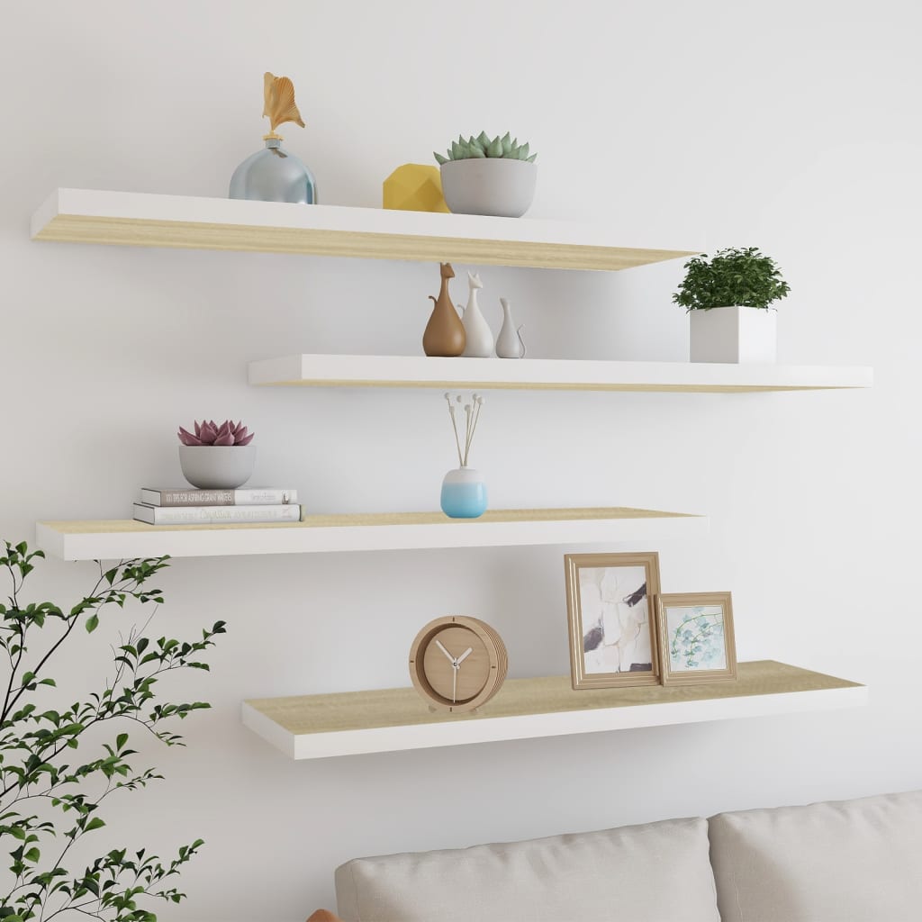 Floating Wall Shelves 4 pcs Oak and White 90x23.5x3.8 cm MDF - Sid & Sam
