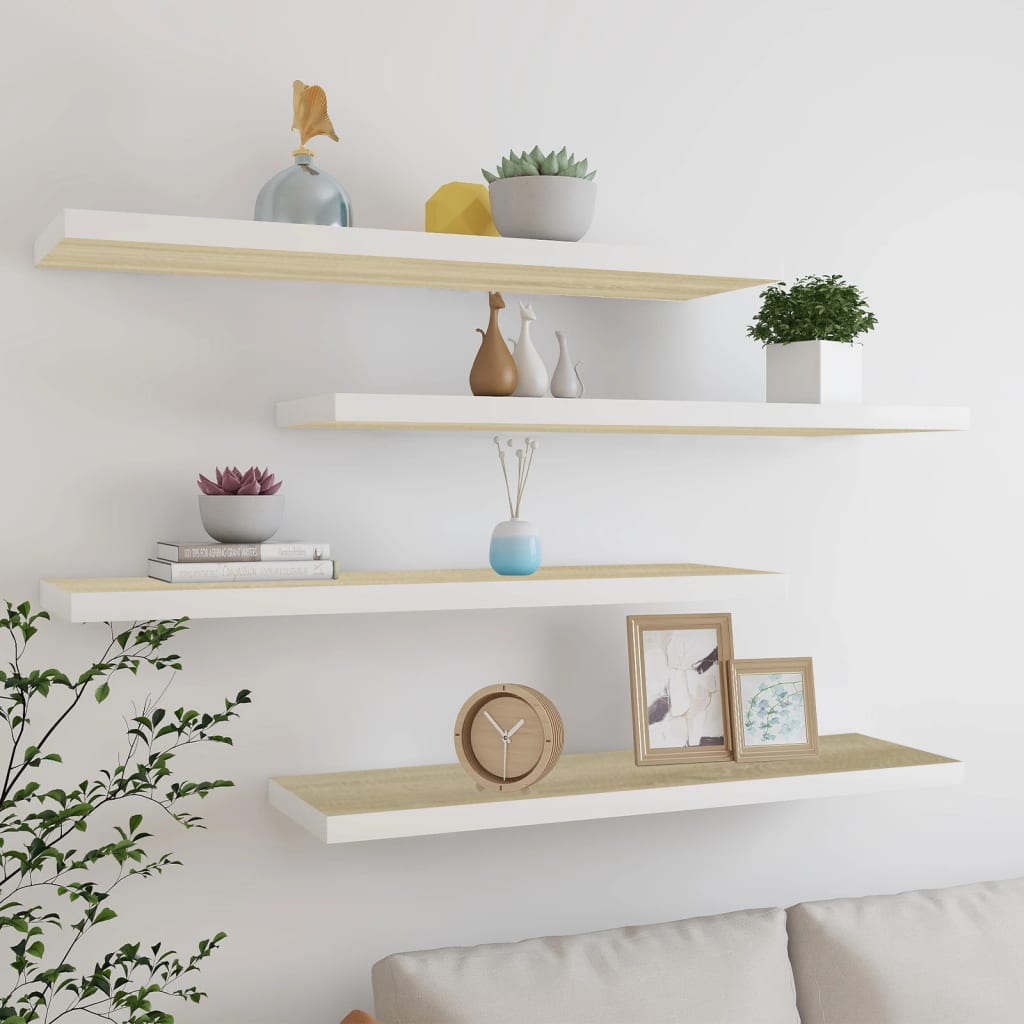 Floating Wall Shelves 4 pcs Oak and White 120x23.5x3.8 cm MDF - Tyrell & Tyrell