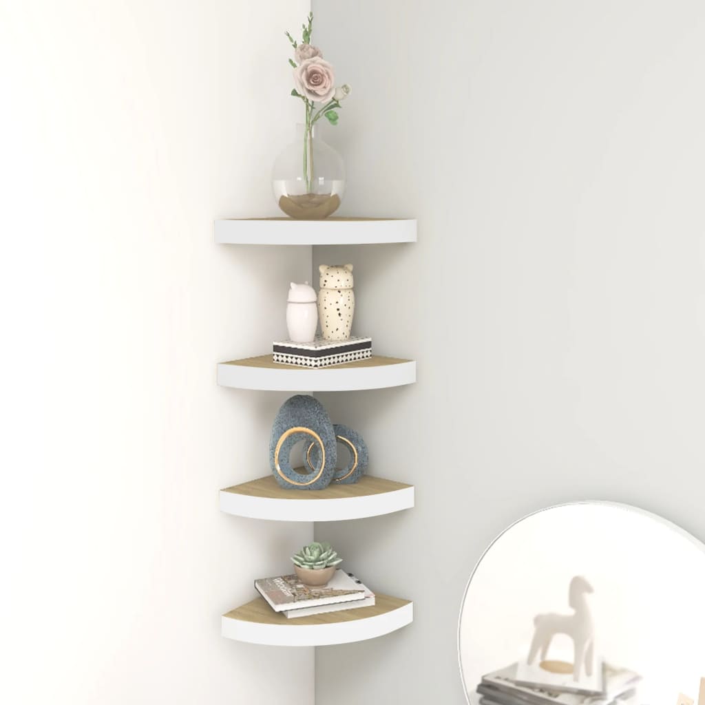 Wall Corner Shelves 4 pcs Oak and White 25x25x3.8 cm MDF - R and M Furniture