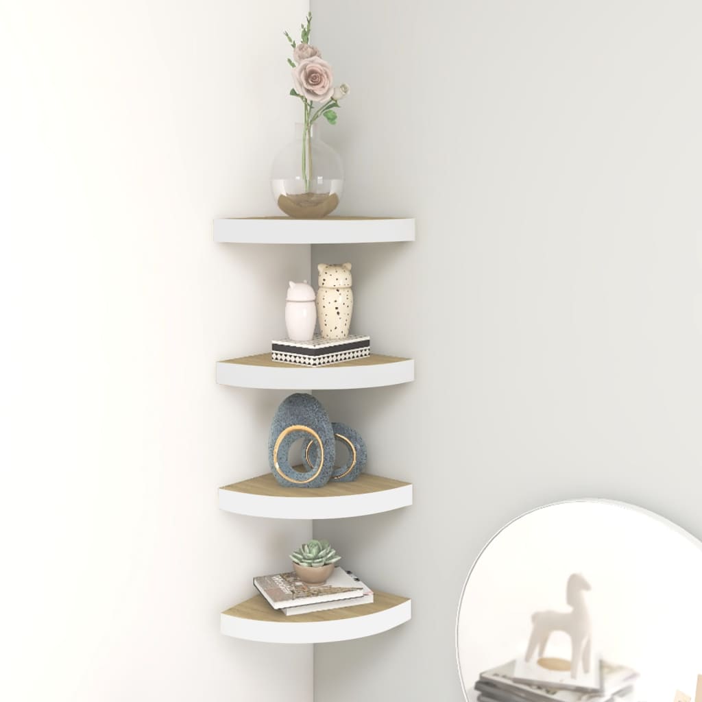 Wall Corner Shelves 4 pcs Oak and White 35x35x3.8 cm MDF - The Home Maker