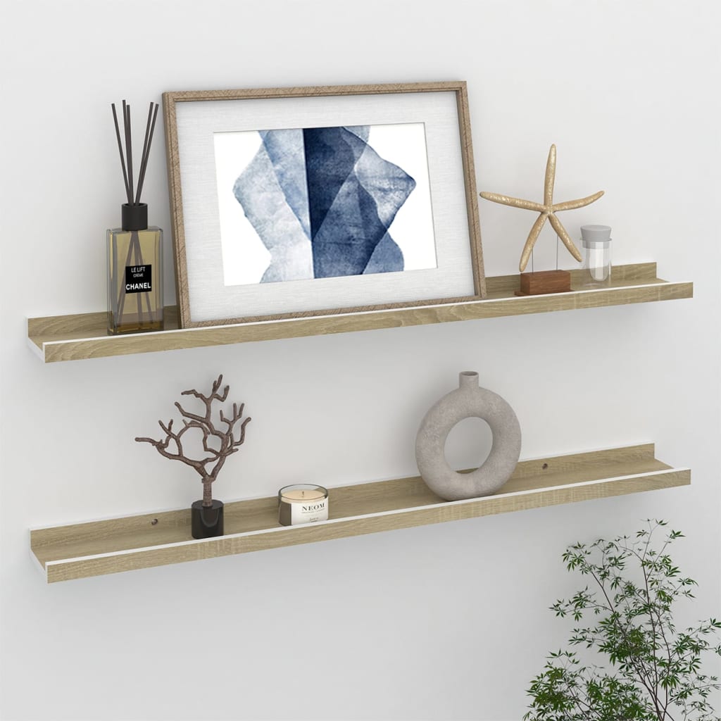 Wall Shelves 2 pcs White and Sonoma Oak 80x9x3 cm - R and M Furniture