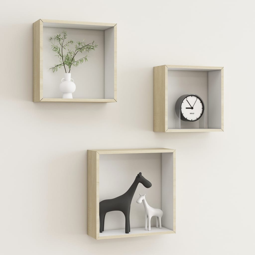 Wall Cube Shelves 3 pcs White and Sonoma Oak - Style and Chic