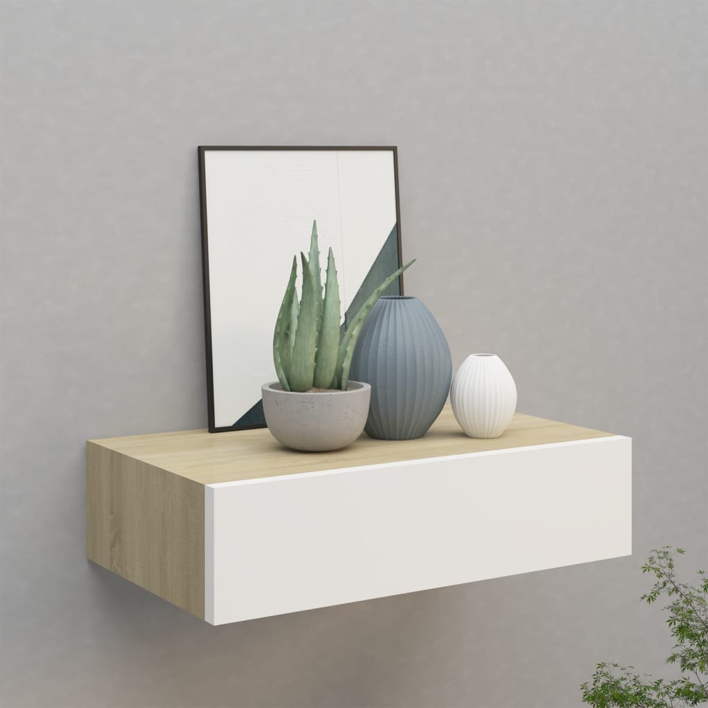 Wall-mounted Drawer Shelf Oak and White 40x23.5x10cm MDF - Unbeatable Bargains