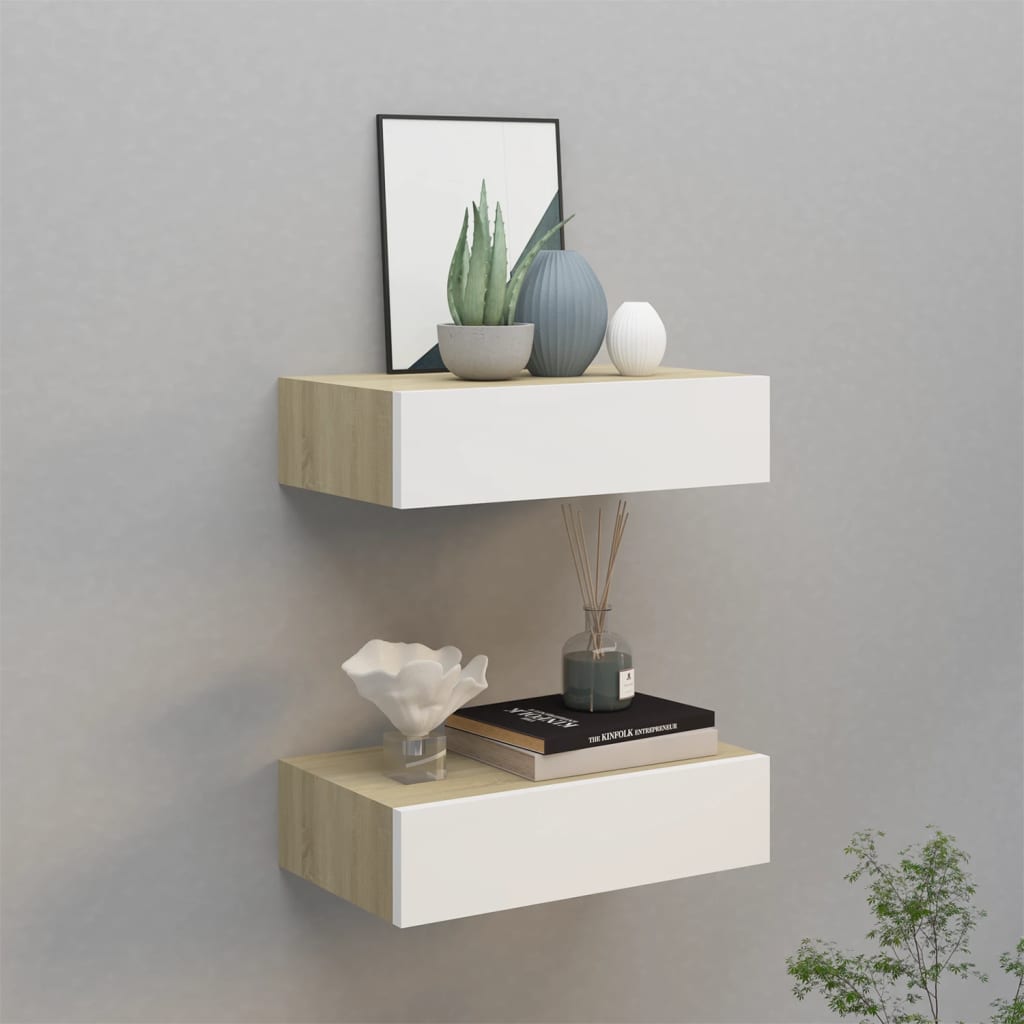 Wall Drawer Shelves 2 pcs Oak and White 40x23.5x10cm MDF - Design Hut