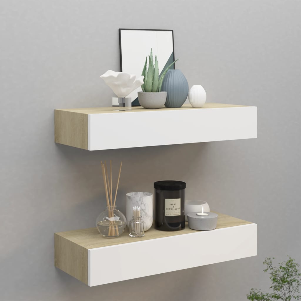 Wall Drawer Shelves 2 pcs Oak and White 60x23.5x10cm MDF - All Things Good