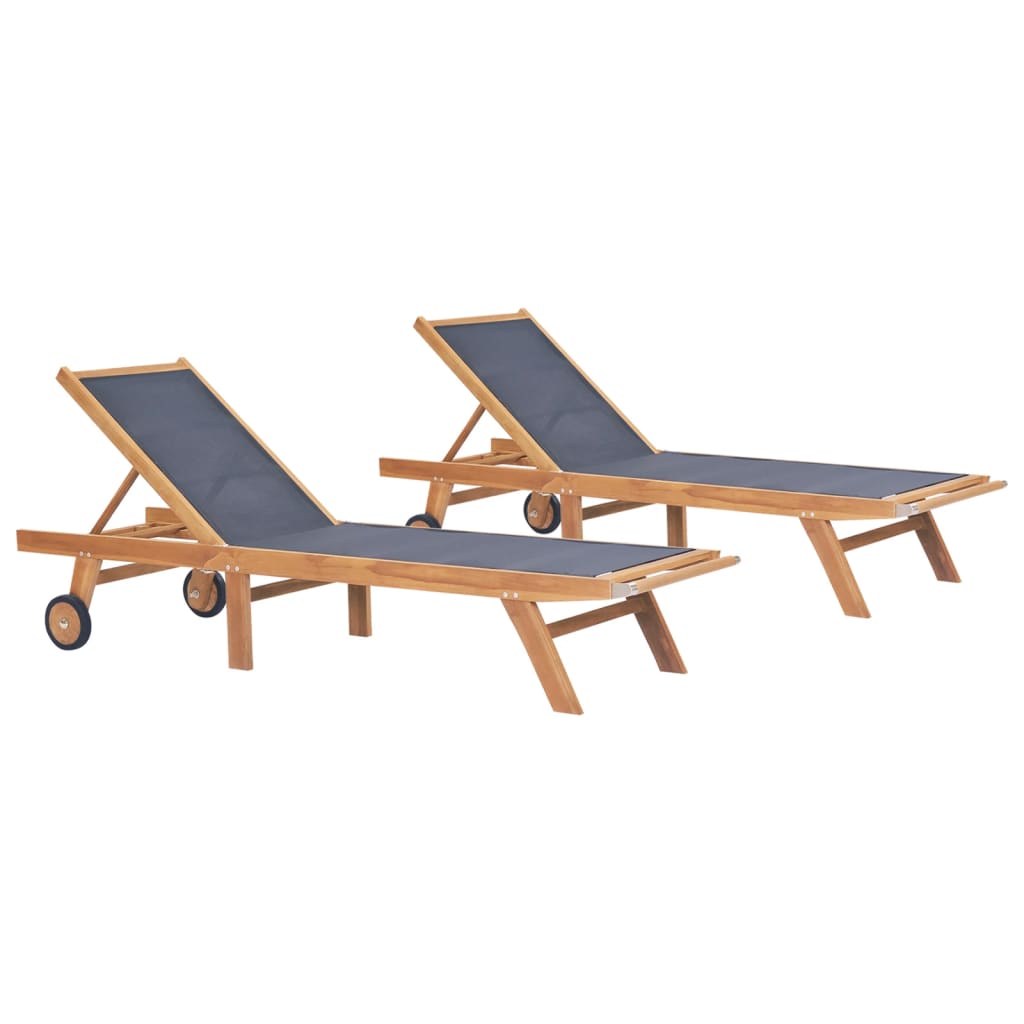 Folding Sun Loungers with Wheels 2 pcs Solid Teak and Textilene - Sid & Sam