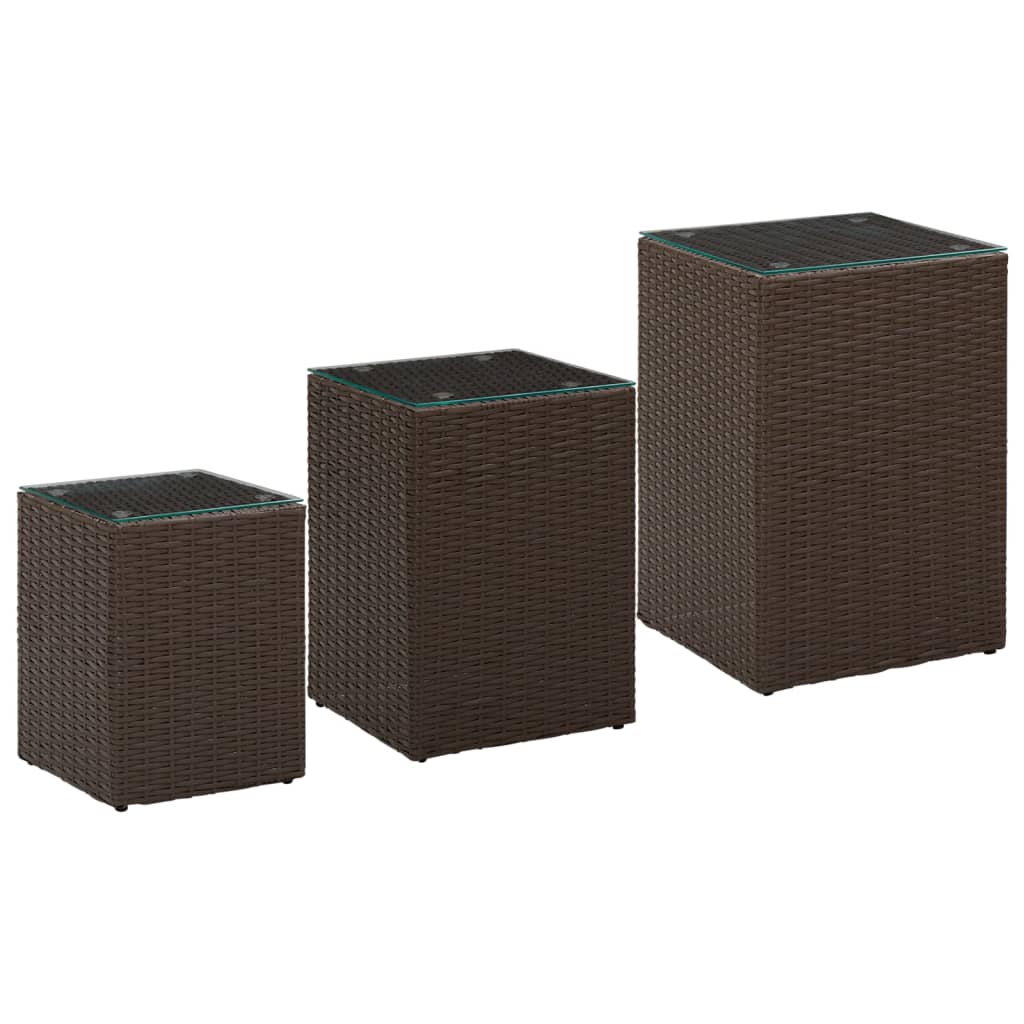 Side Tables 3 pcs with Glass Top Brown Poly Rattan - Direct Imports