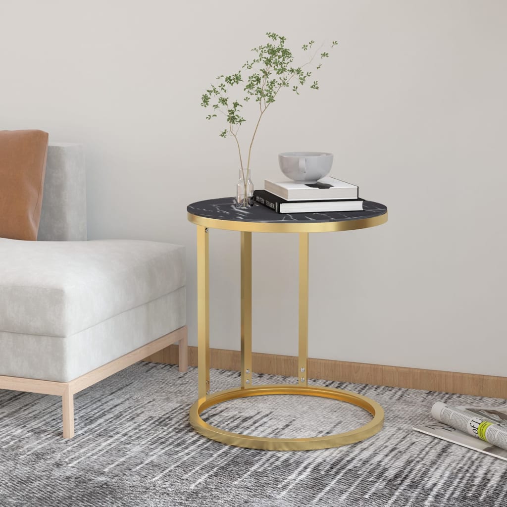 Side Table Gold and Black Marble 45 cm Tempered Glass - Design Hut