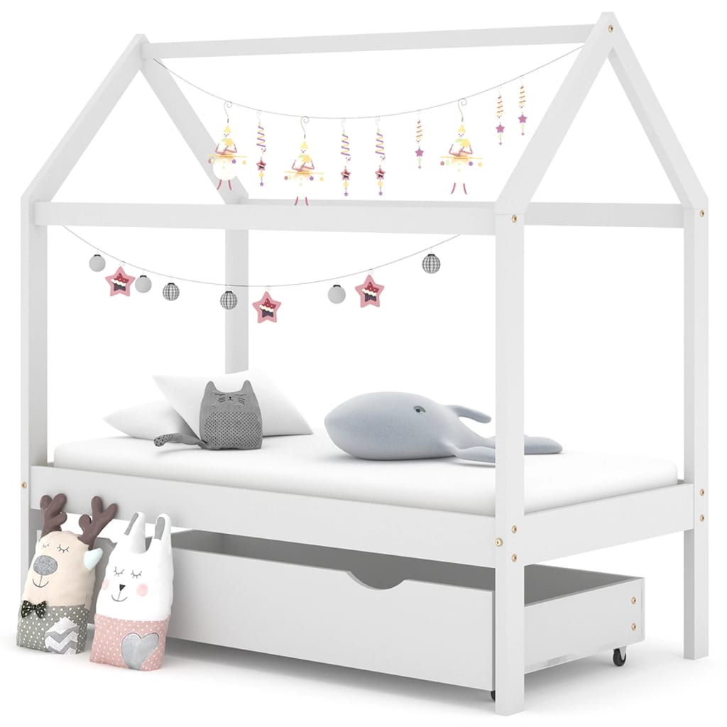 Kids Bed Frame with a Drawer White Solid Pine Wood 70x140 cm - Discount Dealers