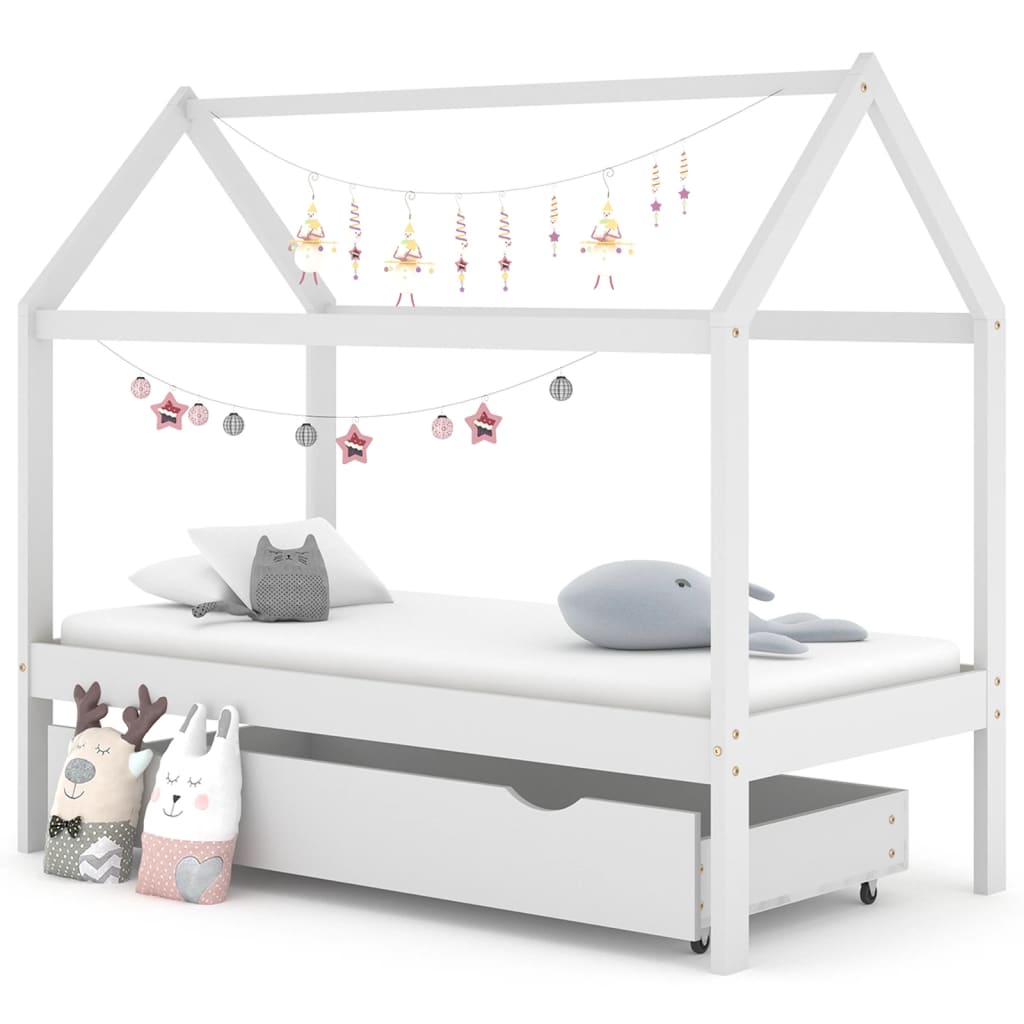 Kids Bed Frame with a Drawer White Solid Pine Wood 80x160 cm - Brittle & Co