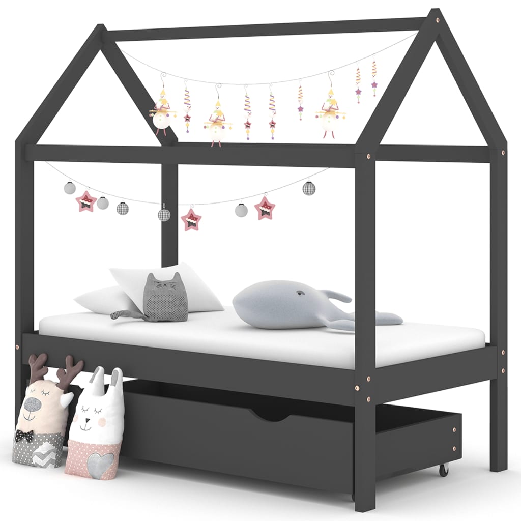 Kids Bed Frame with a Drawer Dark Grey Solid Pine Wood 70x140cm - Brittle & Co