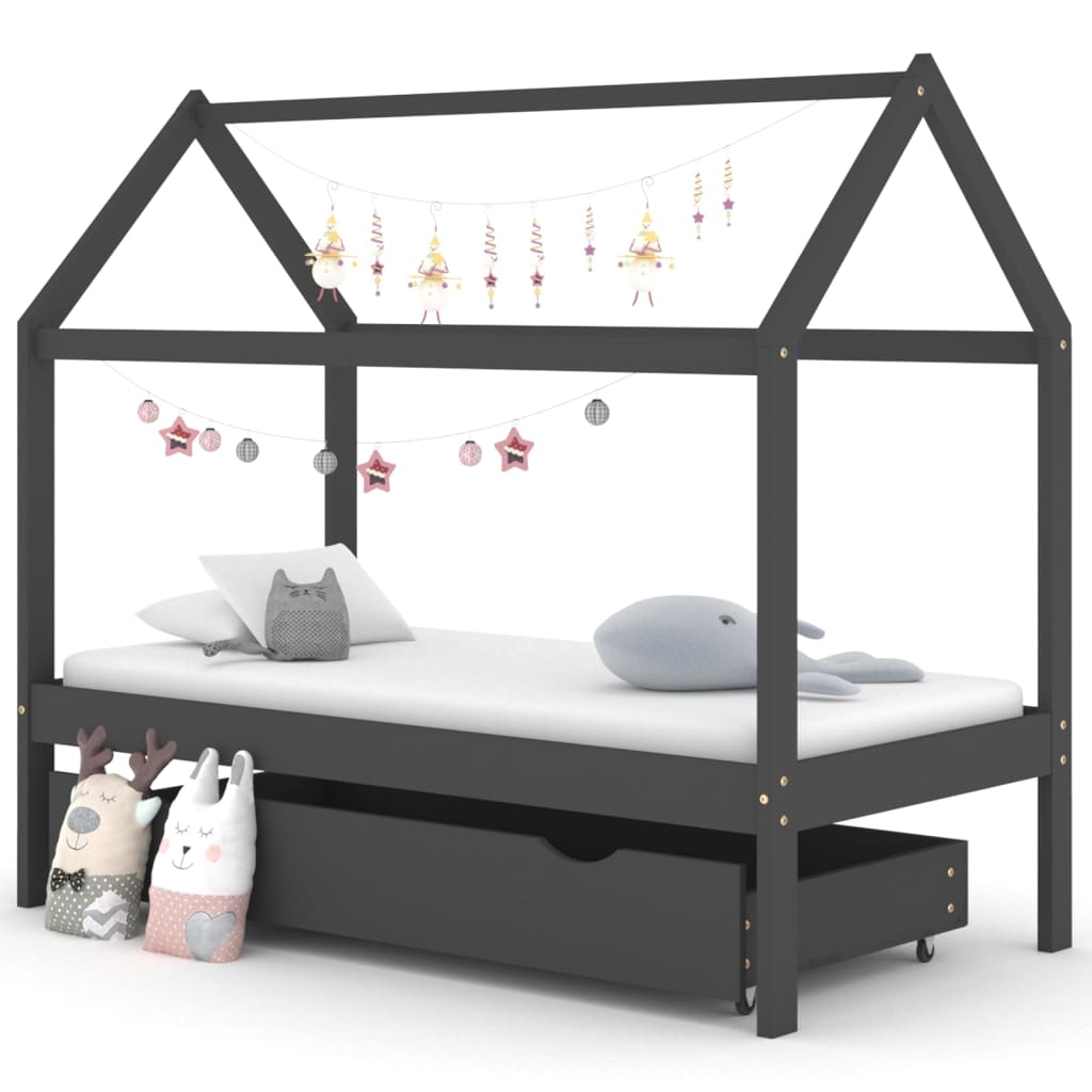 Kids Bed Frame with a Drawer Dark Grey Solid Pine Wood 80x160cm - Sid & Sam