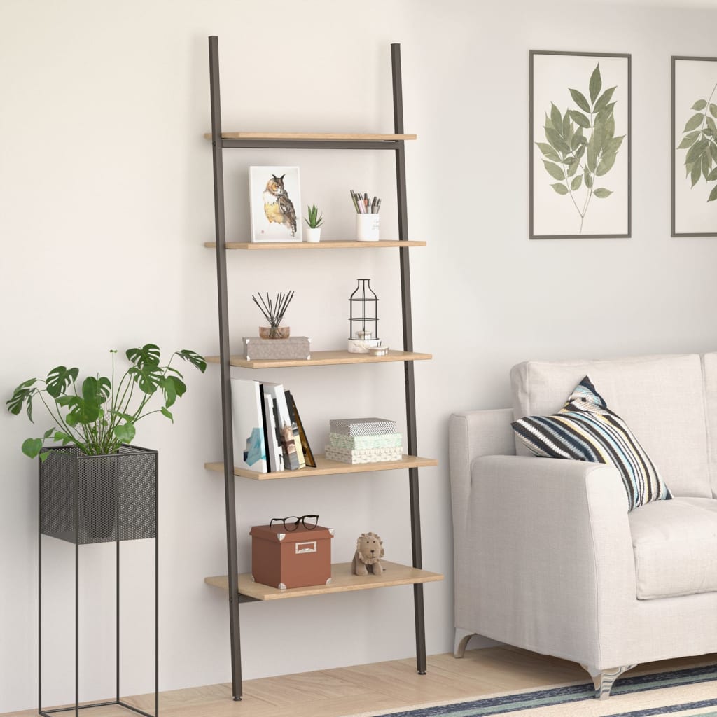 5-Tier Leaning Shelf Light Brown and Black 64x34x185.5 cm - Discount Dealers