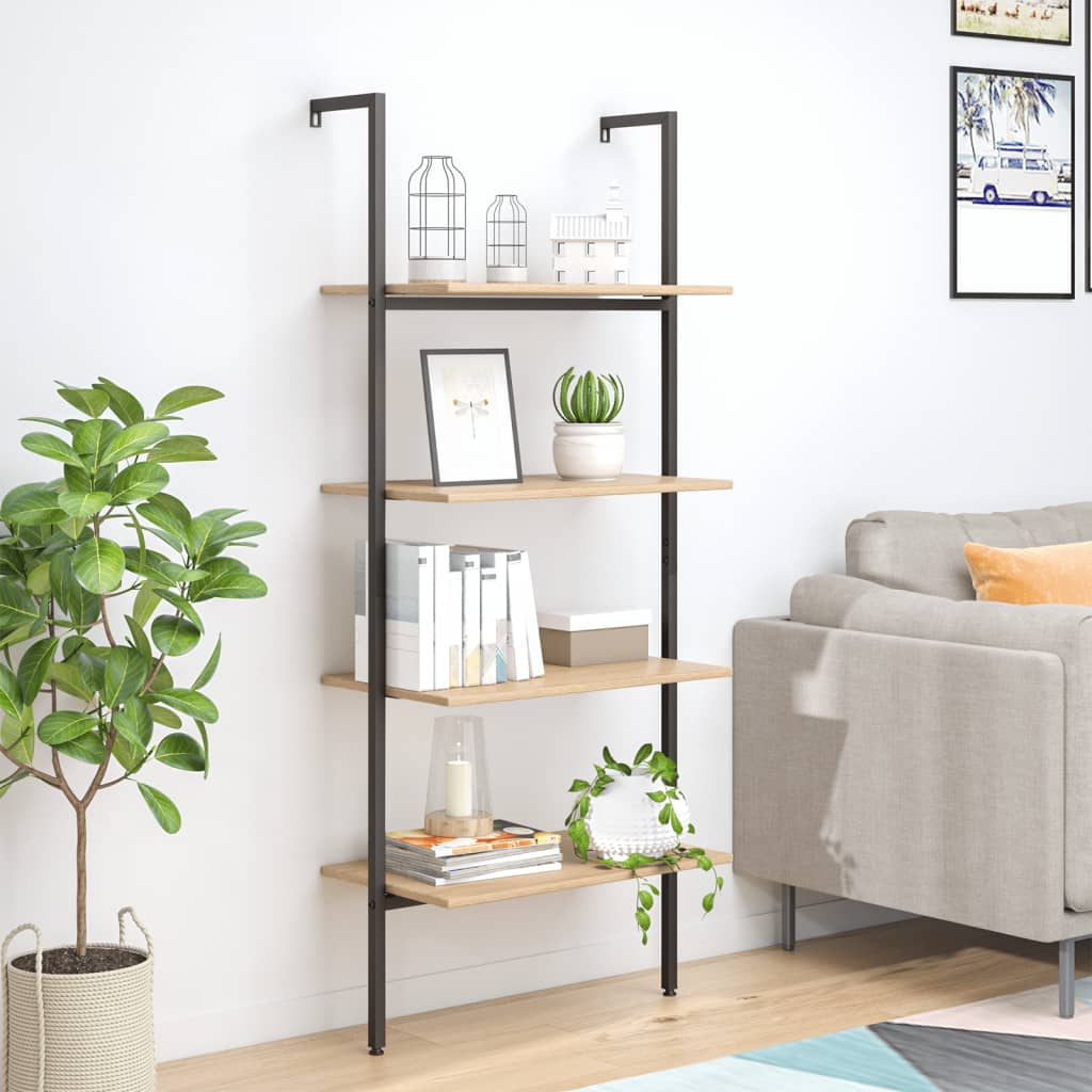 4-Tier Leaning Shelf Light Brown and Black 64x35x152.5 cm - R and M Furniture
