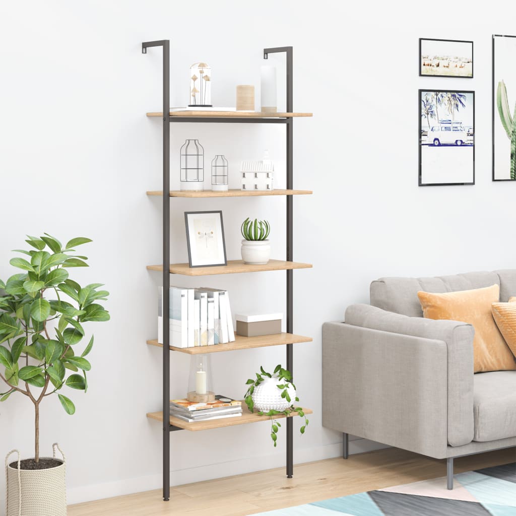 5-Tier Leaning Shelf Light Brown and Black 64x35x185 cm - Merkel Designers