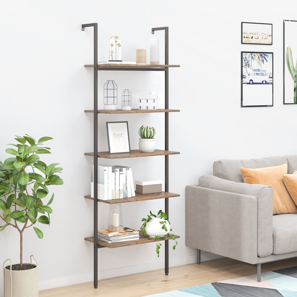 5-Tier Leaning Shelf Dark Brown and Black 64x35x185 cm - Decor Base