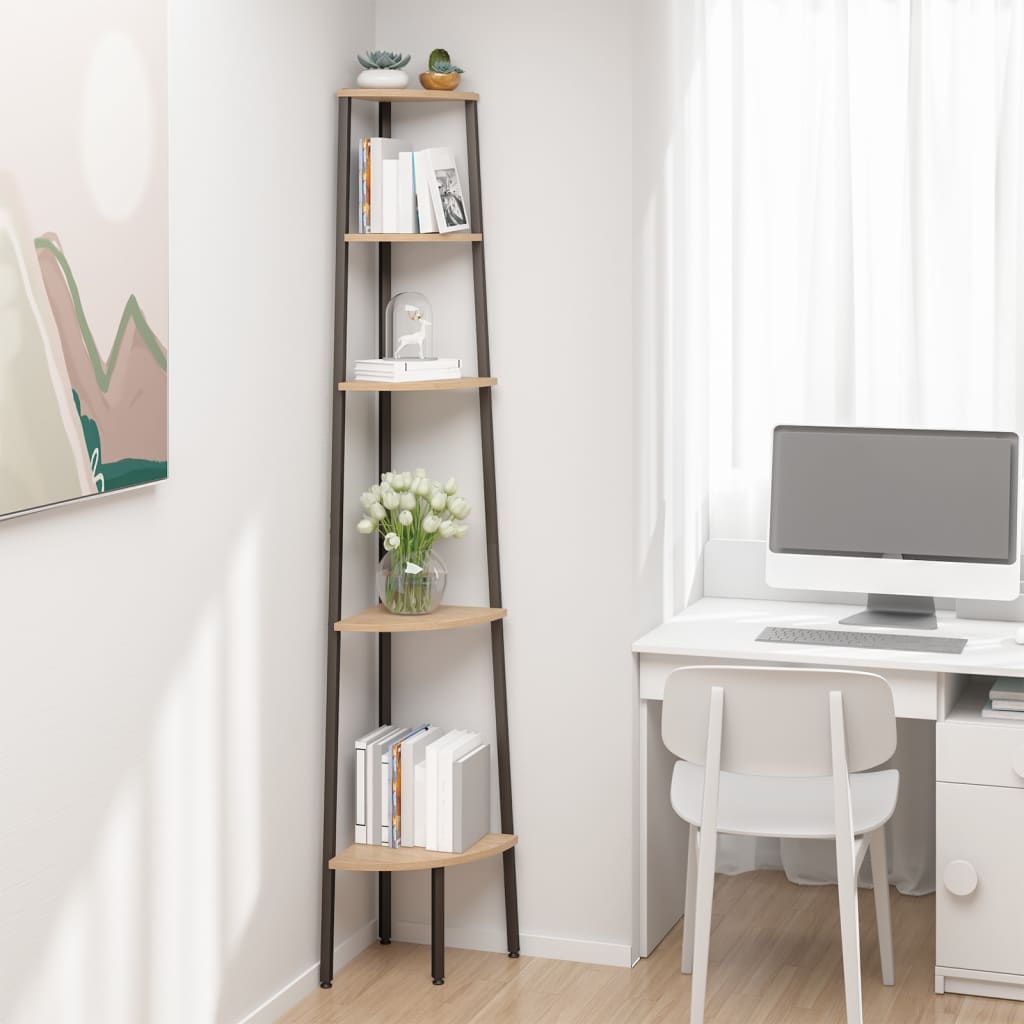 5-Tier Corner Shelf Light Brown and Black 45.5x31.5x180 cm - R and M Furniture
